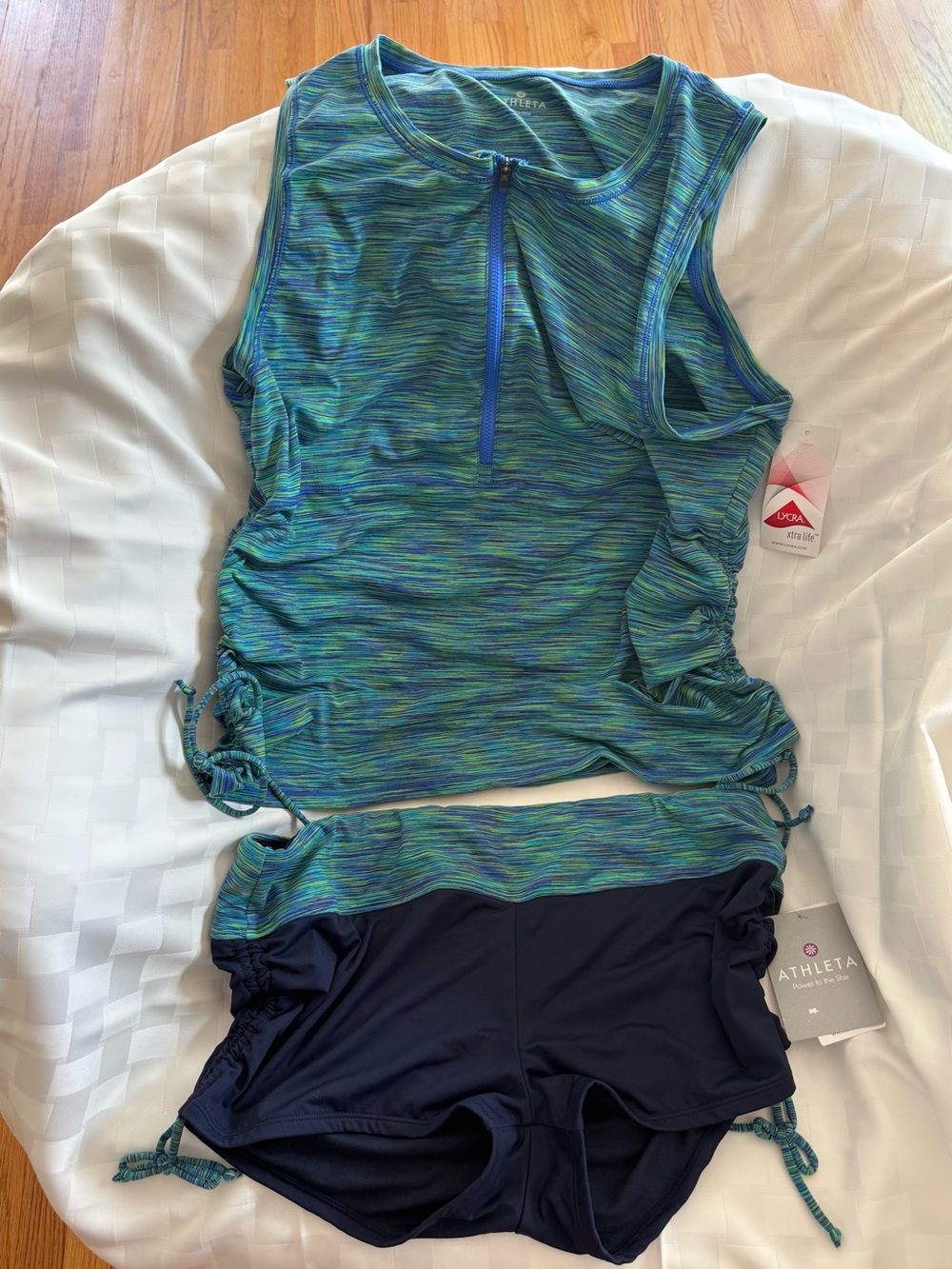 Athleta Teal and Navy Space-Dye Zip Tank with Navy Ruched Shorts